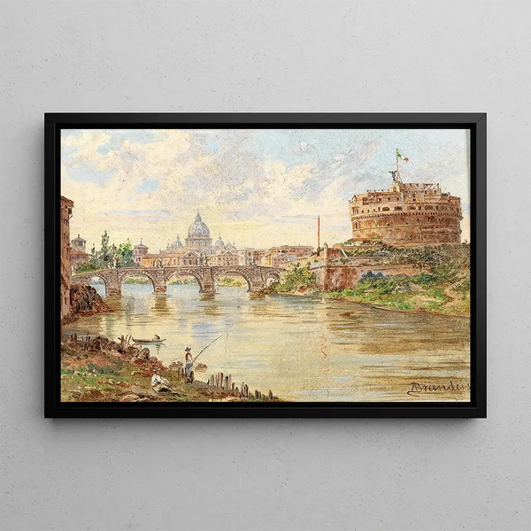 Vista di Roma con il Castello Sant'Angelo, il Ponte Sant'Angelo e la Basilica di San Pietro sullo sfondo - Antonietta Brandeis — quadro incorniciato alla parete