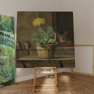 Stampa d'arte | Natura morta con una primula in un vaso di fiori, un gatto e due passeri - Martinus Rørbye