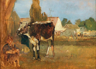 Emil Jakob Schindler - Animal Study Landscape with Farmhouse Cows and Farmers Wife.webp