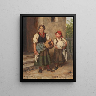 Franz von Defregger - Buerin mit Dirndl vor dem Waschhaus.webp
