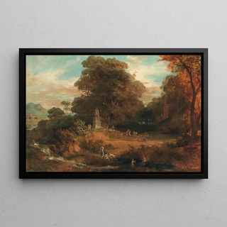 Friedrich von Amerling - A Vast Idealised Landscape with Antique Figures around a Double Statue of Mars and Venus Temple Architecture in the Background.webp