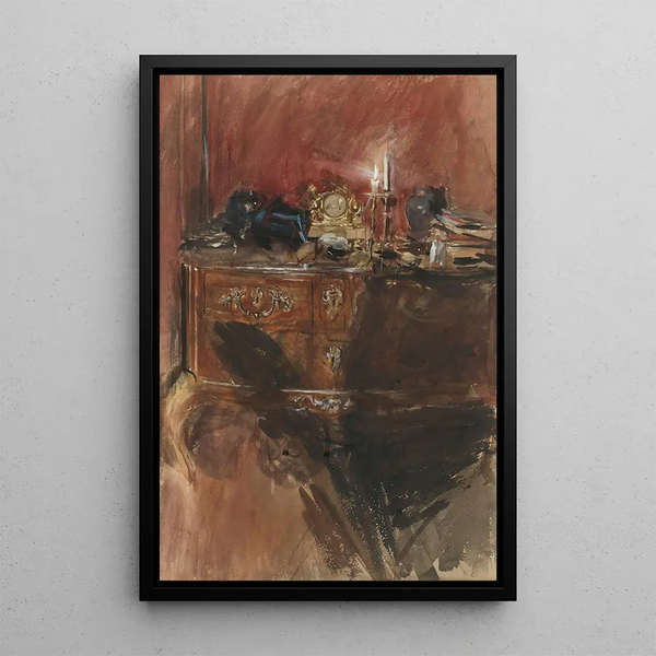 Vue d'un intérieur avec une commode Louis XV - Giovanni Boldini — quadro incorniciato alla parete