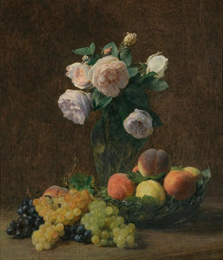 Henri FantinLatour - Nature Morte Vase De Roses Pches Et Raisins.webp
