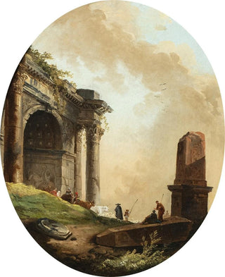 Hubert Robert - Drovers and their livestock before a ruined arch and obelisk.webp