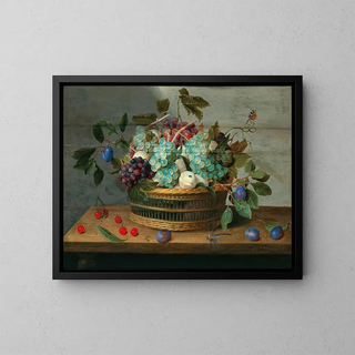 Jacob van Hulsdonck - Grapes peaches plums and cherries in a wicker basket with dragonfly and butterfly nearby.webp