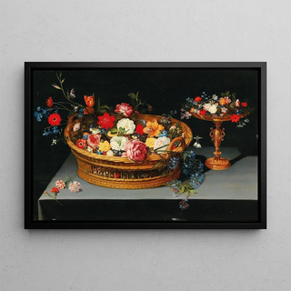 Jan Brueghel the Younger - Mixed flowers in a basket with a tazza nearby.webp