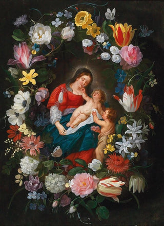 Jan Brueghel the Younger - The Virgin and Child with the Infant Saint John the Baptist surrounded by a garland of flowers.webp