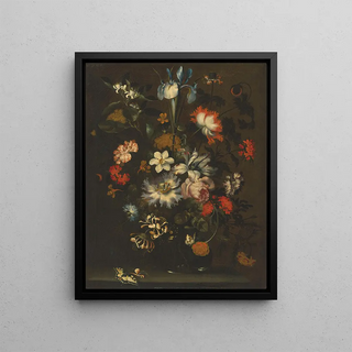 Jan Pieter Brueghel - An iris carnations roses and other flowers in a glass vase on a ledge with butterflies.webp