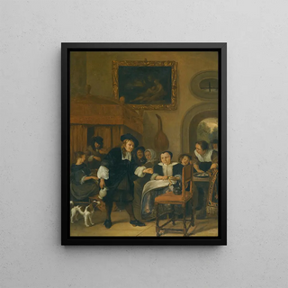 Jan Steen - A Gentleman Offering A Lady A Glass Of Wine With A Couple Making Music And Other Townsfolk In An Interior.webp