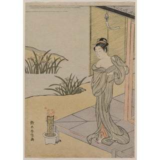 Jeune femme regardant un pot d'œillets - Suzuki Harunobu | Reproduction Tableau Décoration murale affiche copie