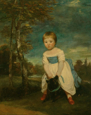 Sir Joshua Reynolds - Portrait of Master William Cavendish standing astride a black dog in a landscape.webp