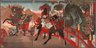 Tsukioka Yoshitoshi - Zhang Fei on the Long Sloped Bridge Turning Away One Million Wei Troops with a Powerful Stare.webp