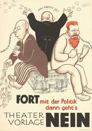 Poster vintage teatro 'Theatervorlage Nein' stile caricatura politica