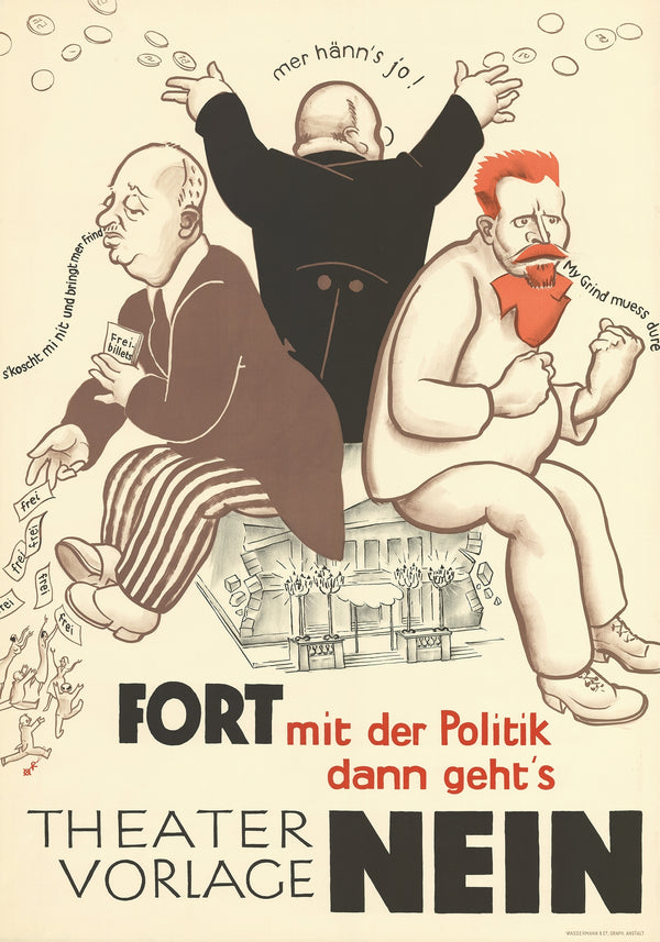 Poster vintage teatro 'Theatervorlage Nein' stile caricatura politica