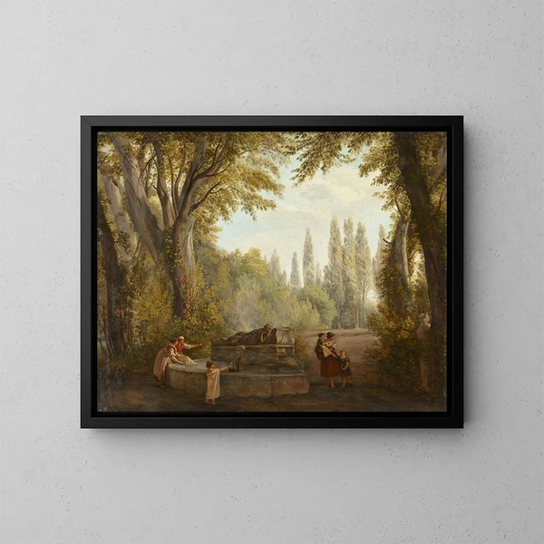 Un paesaggio di parco con donne e bambini vicino a una fontana - Abraham Louis Rodolphe Ducros — quadro incorniciato alla parete