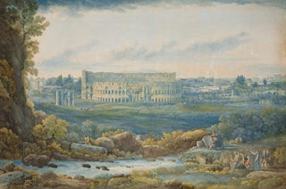 AbrahamLouisRodolphe Ducros - An extensive view of the Colosseum and the Arch of Constantine with figures in the foreground.webp