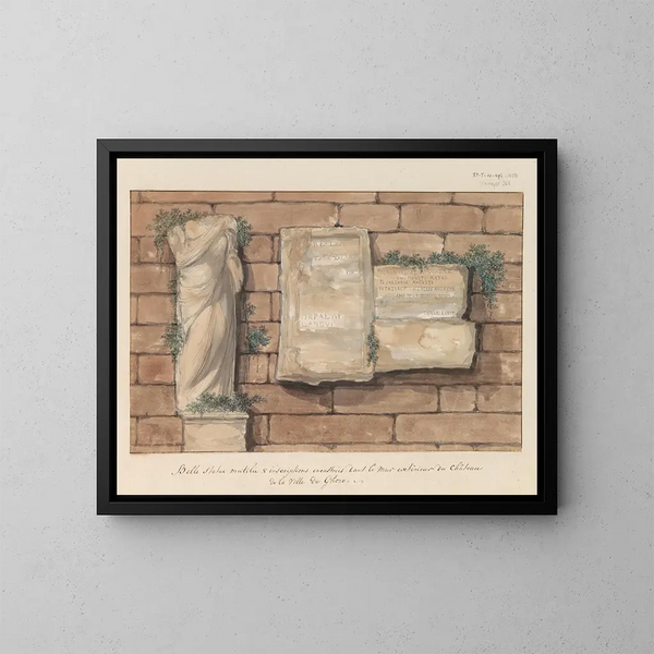 Scultura danneggiata e iscrizioni integrate nel muro di un castello della città di Gozo - Abraham Louis Rodolphe Ducros — quadro incorniciato alla parete