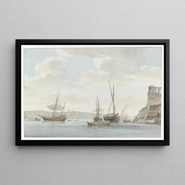 AbrahamLouisRodolphe Ducros - Tuinhuis van de Jardin du Grand Matre uittorend boven de haven met galei schepen op Malta.webp