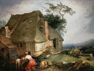 Abraham Bloemaert - A cottage with peasants milking goats.webp
