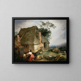 Abraham Bloemaert - A cottage with peasants milking goats.webp
