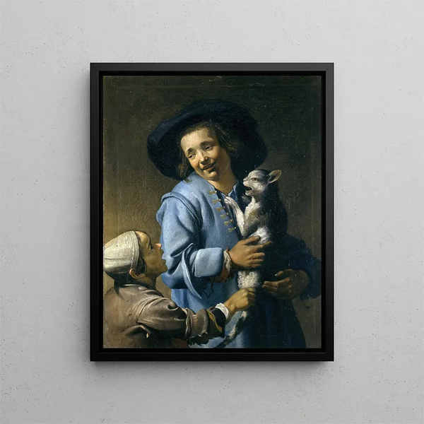 Giovani che giocano con il gatto - Abraham Bloemaert — quadro incorniciato alla parete