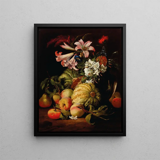 Abraham Brueghel - Lilies and other flowers in a glass vase with peaches and melons.webp