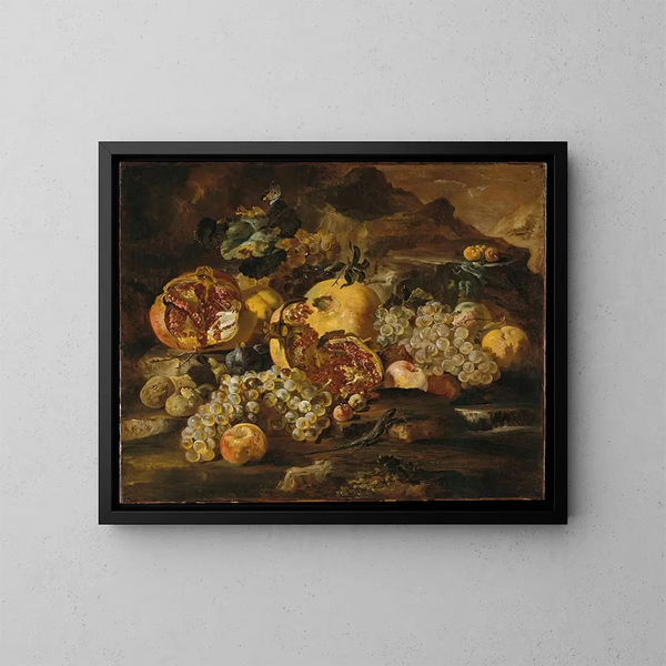 Granate e altri frutti in un paesaggio - Abraham Brueghel — quadro incorniciato alla parete
