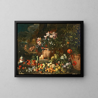 Abraham Brueghel - Still life of flowers with fruits putti and animals.webp