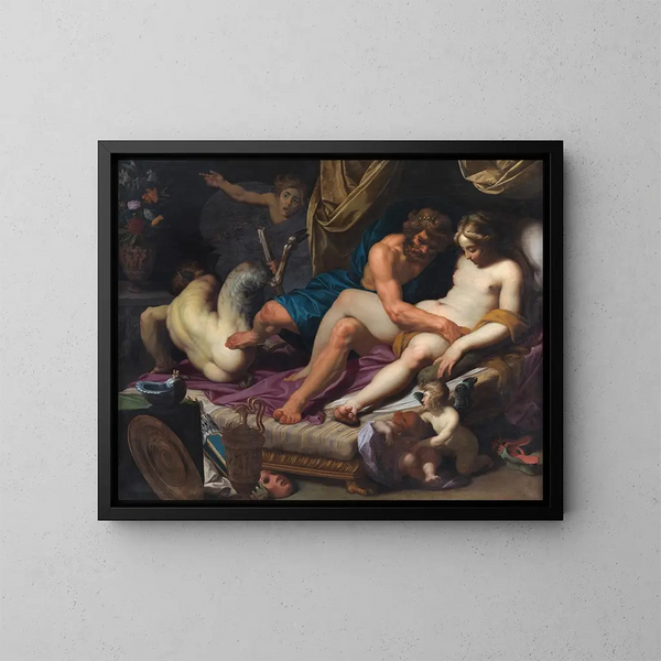 Ercole che insegue Fauno dal letto di Omfale - Abraham Janssens — quadro incorniciato alla parete