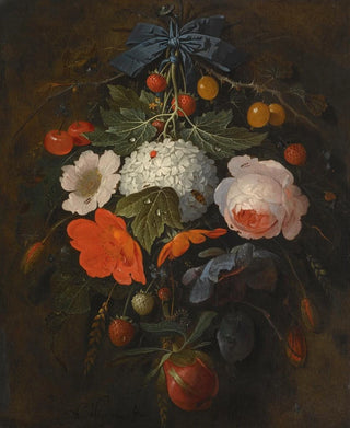 Abraham Mignon - A Festoon Of Flowers And Fruit Including A Pink Rose A Poppy A Snowball Gooseberries And Fraises De Bois Along With A Variety Of Insects.webp