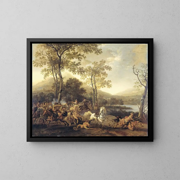 Scaramuccia di cavalleria - Abraham van Calraet — quadro incorniciato alla parete
