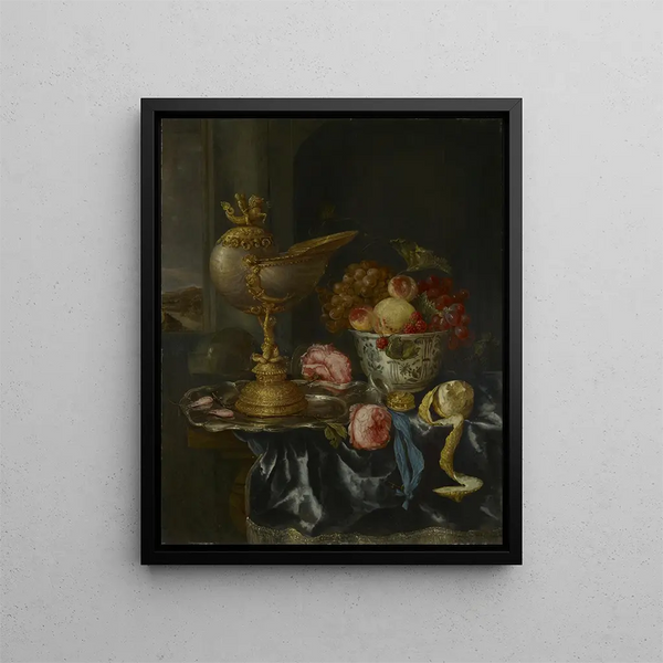 Nature morte di banchetto con coppa di nautile - Abraham van Beyeren — quadro incorniciato alla parete