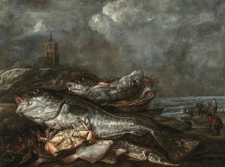 Abraham van Beyeren - Fish on the beach at Egmond.webp