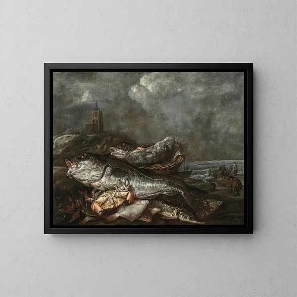 Pesce sulla spiaggia a Egmond - Abraham van Beyeren — quadro incorniciato alla parete