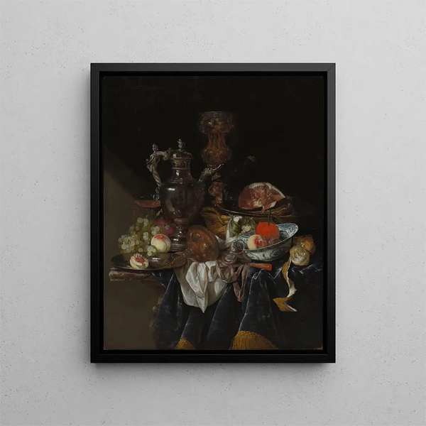 Picchetto in argento con prosciutto e frutta - Abraham van Beyeren — quadro incorniciato alla parete