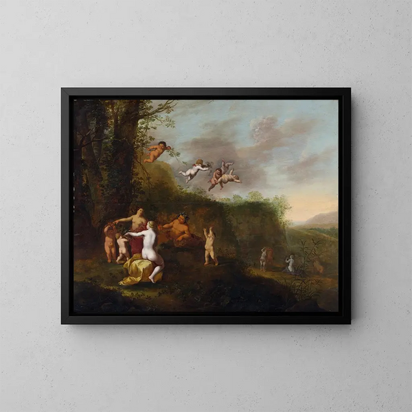 Bacchus e le ninfe in un paesaggio - Abraham van Cuylenborch — quadro incorniciato alla parete