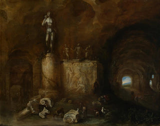 Abraham van Cuylenborch - Interior of a grotto with sculptures and a sleeping shepherd.webp