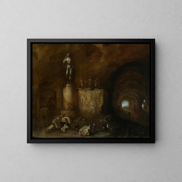 Interno di una grotta con sculture e un pastore addormentato - Abraham van Cuylenborch — quadro incorniciato alla parete