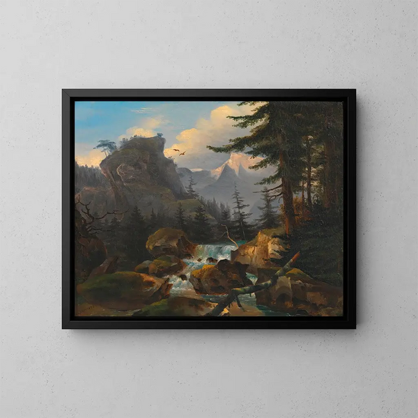 Cascata d'acqua tra le montagne elevate - Adalbert Stifter — quadro incorniciato alla parete