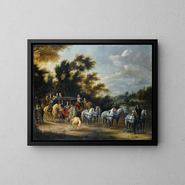 Fermata della carrozza vicino a un bosco - Adam Frans van der Meulen — quadro incorniciato alla parete