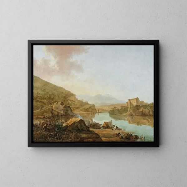Un vasto paesaggio fluviale all'italiana (Conflitto di casi) - Adam Pynacker — quadro incorniciato alla parete