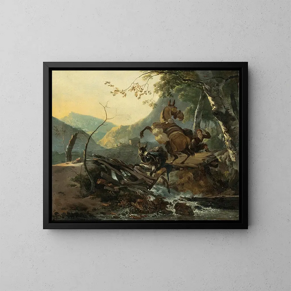 Paesaggio in corsivo con un asino e un cavallo al galop che attraversano un ponte in rovina - Adam Pynacker — quadro incorniciato alla parete