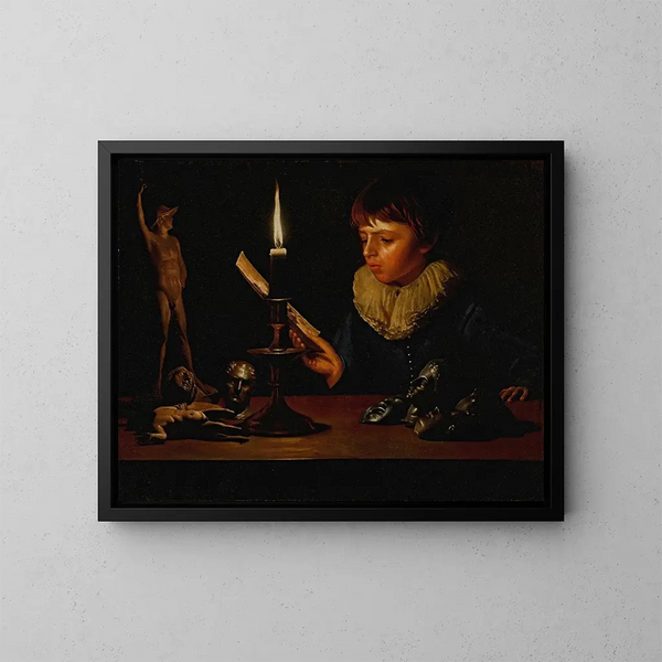 Ragazzo dietro una tavola con statuette che legge alla luce di una candela - Adam de Coster — quadro incorniciato alla parete