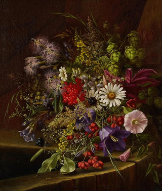 Adelheid Dietrich - Morning Glory Daisies Red Currants and other Fruits and Flowers on a Ledge.webp