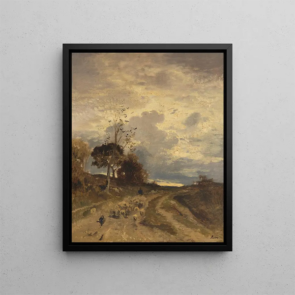 Paesaggio autunnale serale con un gregge di pecore che torna - Adolf Heinrich Lier — quadro incorniciato alla parete