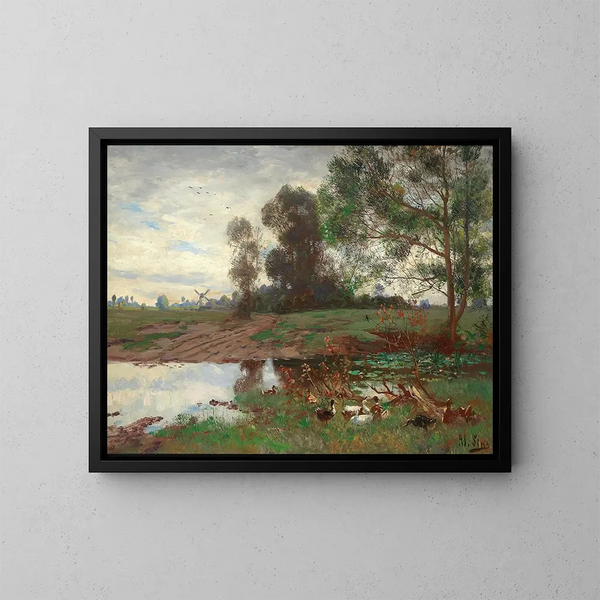 Anatre sul bordo dello stagno - Adolf Lins — quadro incorniciato alla parete