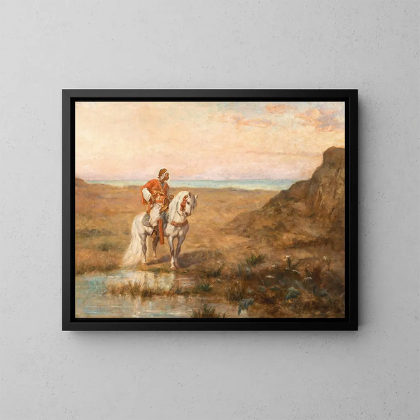 Un cavaliere in un paesaggio - Adolf Schreyer — quadro incorniciato alla parete