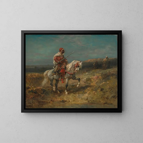 Un cavaliere arabo in guardia - Adolf Schreyer — quadro incorniciato alla parete