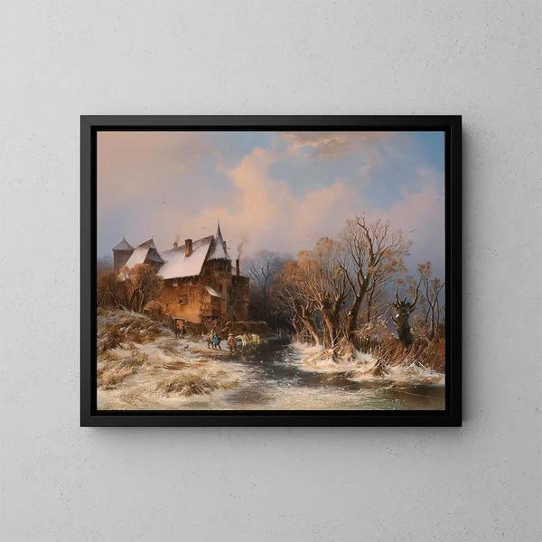 Paesaggio fluviale in inverno con casa e figure decorative - Adolf Stademann — quadro incorniciato alla parete