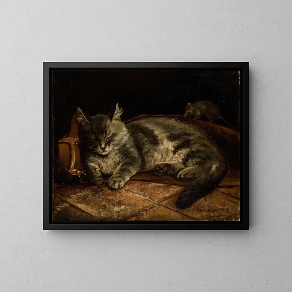 Chat grigio addormentato e un topo - Adolf von Becker — quadro incorniciato alla parete